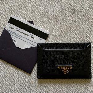 PRADA Saffiano Leather Black Gold Triangle Logo Card Holder 1MC208